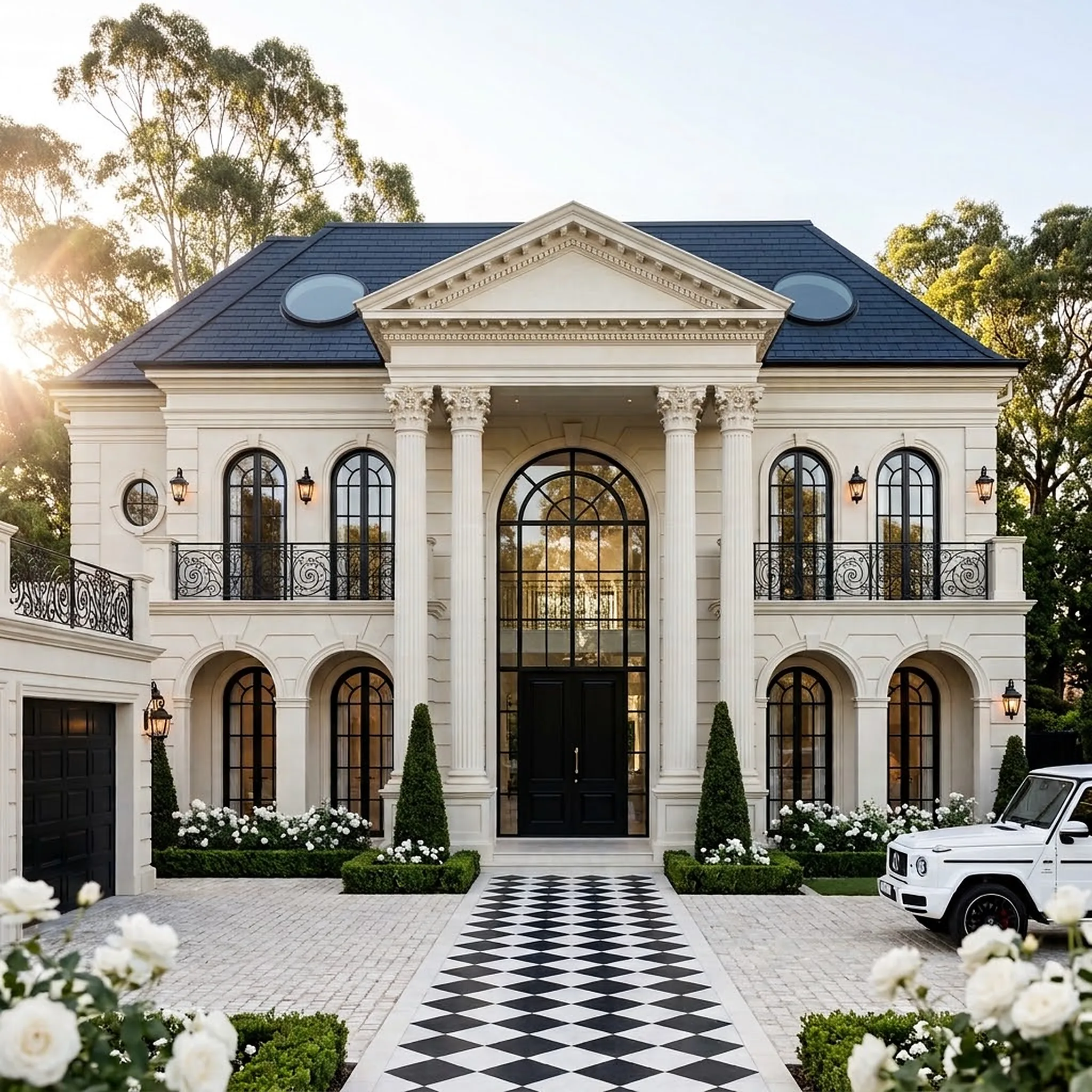Design visualisation of a neoclassical new home in St Ives with a double-height Corinthian portico, arched black steel windows and wrought-iron balconies