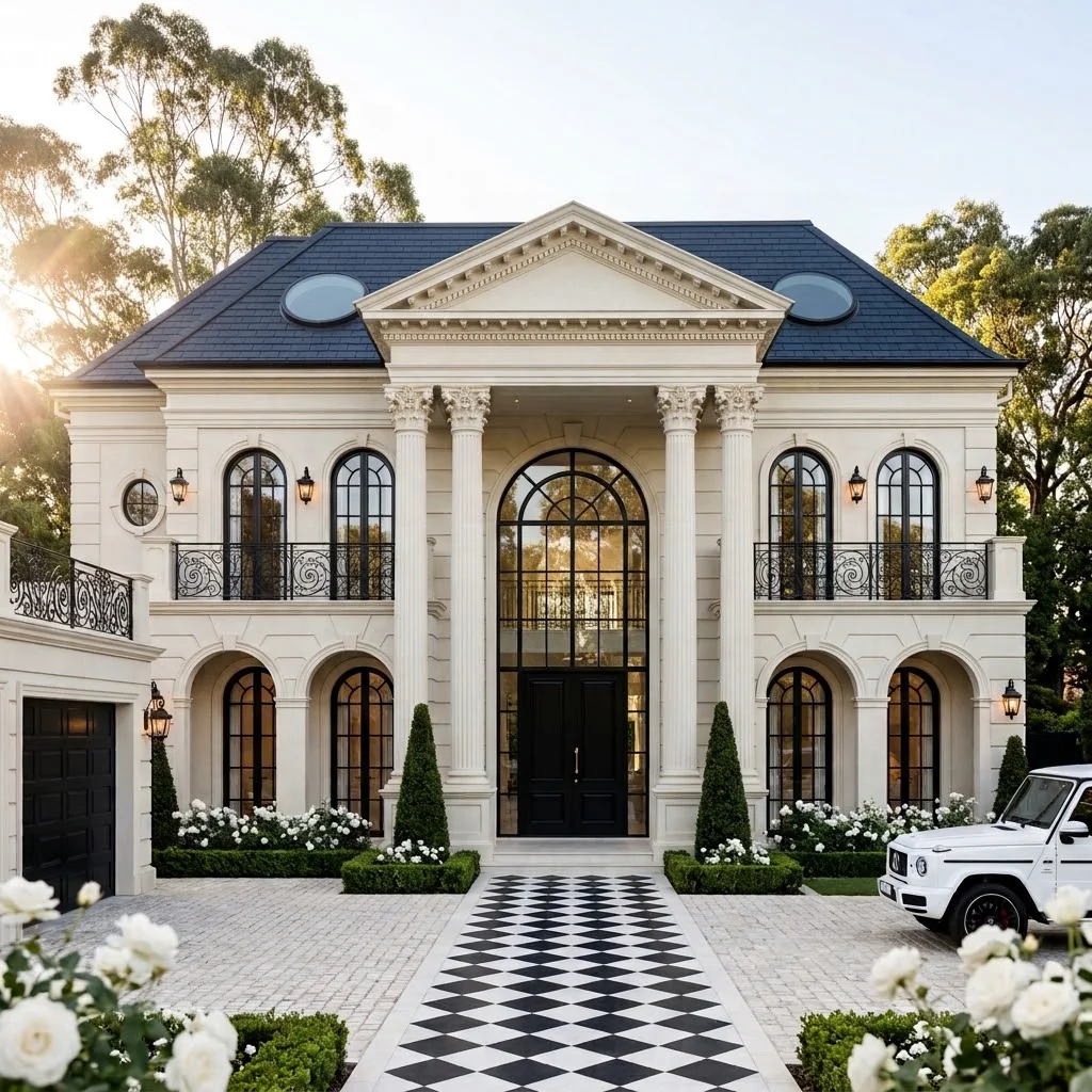 Design visualisation of the street front: a Corinthian portico and pediment, arched black steel windows, wrought-iron balconies, flush round skylights in a navy slate roof, and a marble chequerboard entry path